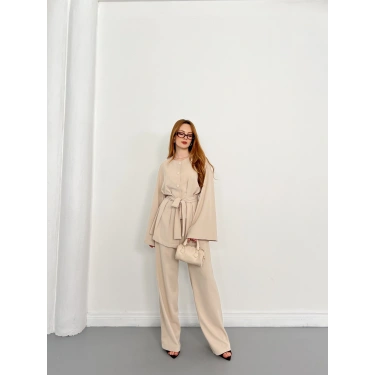 Düğme Detaylı Bel Kuşaklı İspanyol Kol Takım Acı Bej