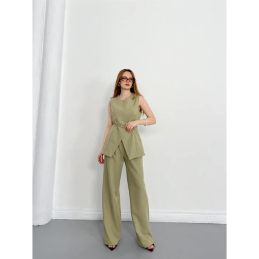 Bel Kemerli Asimetrik Kesim Yelekli Takım Haki