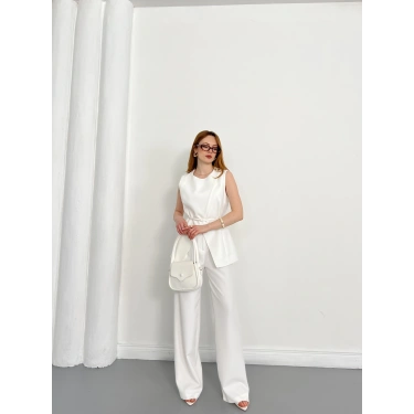 Bel Kemerli Asimetrik Kesim Yelekli Takım Beyaz