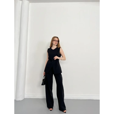 Bel Kemerli Asimetrik Kesim Yelekli Takım Siyah