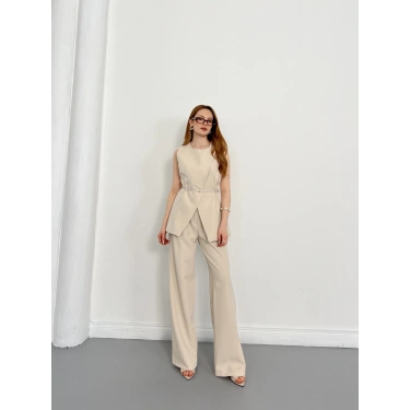 Bel Kemerli Asimetrik Kesim Yelekli Takım Bej