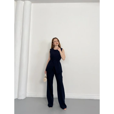 Bel Kemerli Asimetrik Kesim Yelekli Takım Lacivert