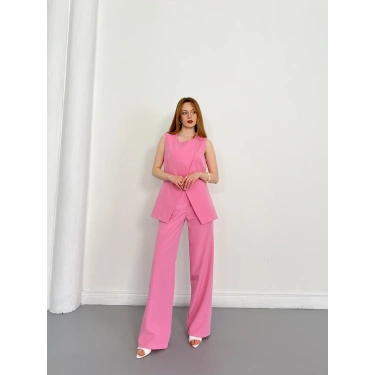 Bel Kemerli Asimetrik Kesim Yelekli Takım Pembe