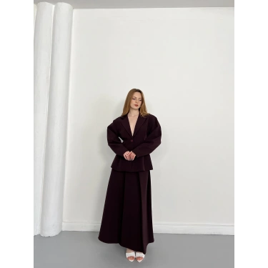 Kruvaze Yaka Ceket-Etek Takım Mürdüm