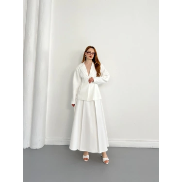 Kruvaze Yaka Ceket-Etek Takım Beyaz