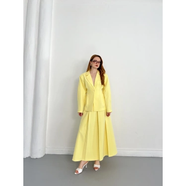 Kruvaze Yaka Ceket-Etek Takım Sarı