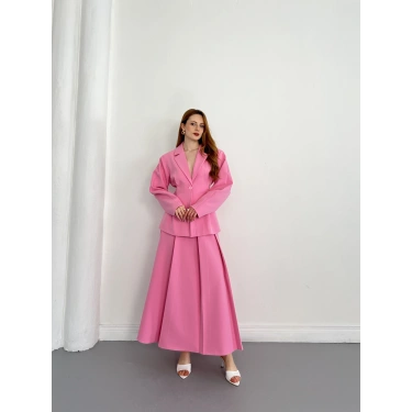 Kruvaze Yaka Ceket-Etek Takım Pembe