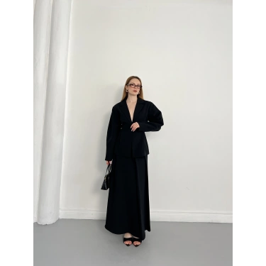 Kruvaze Yaka Ceket-Etek Takım Siyah