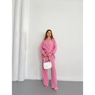 Bürümcük Bel Bağlamalı Kruvaze Yaka Tasarım Takım Pembe
