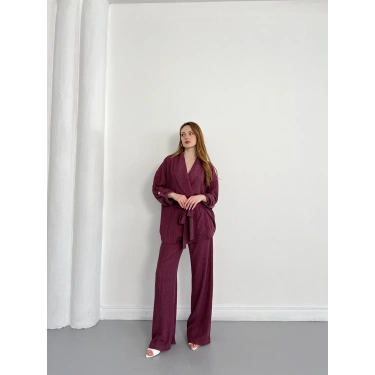 Bürümcük Bel Bağlamalı Kruvaze Yaka Tasarım Takım Mürdüm