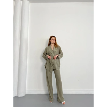 Bürümcük Bel Bağlamalı Kruvaze Yaka Tasarım Takım Haki