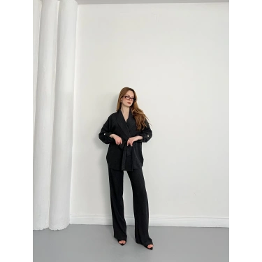 Bürümcük Bel Bağlamalı Kruvaze Yaka Tasarım Takım Antrasit