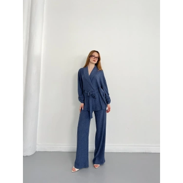 Bürümcük Bel Bağlamalı Kruvaze Yaka Tasarım Takım Mavi