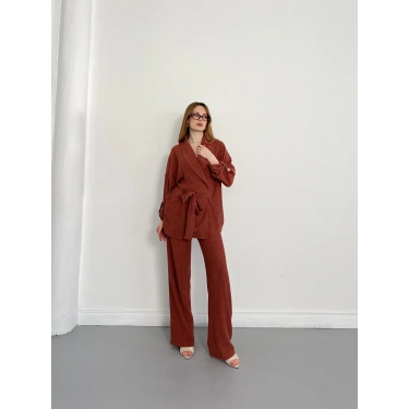 Bürümcük Bel Bağlamalı Kruvaze Yaka Tasarım Takım Kremit