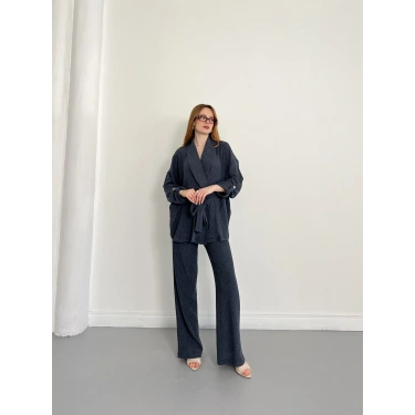 Bürümcük Bel Bağlamalı Kruvaze Yaka Tasarım Takım Laci