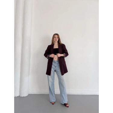 Astarı Desenli Blazer Ceket Mürdüm