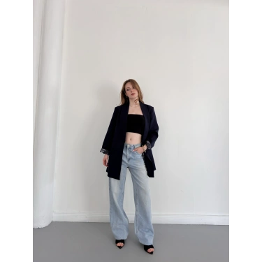 Astarı Desenli Blazer Ceket Lacivert