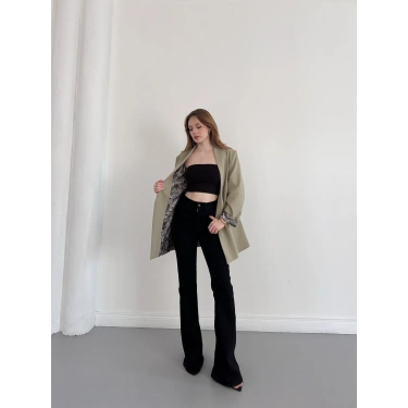 Astarı Desenli Blazer Ceket Haki