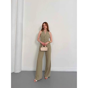 Ön Büzgü Detaylı Yelekli Takım Haki