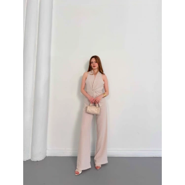 Ön Büzgü Detaylı Yelekli Takım Bej