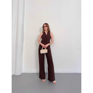 Ön Büzgü Detaylı Yelekli Takım Kahve