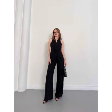 Ön Büzgü Detaylı Yelekli Takım Siyah