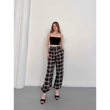 Ekose Yüksek Bel Paça Lastikli Pantolon Siyah