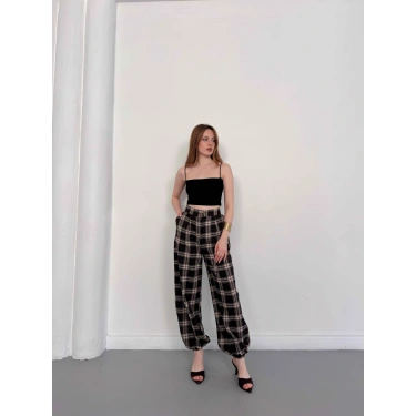 Ekose Yüksek Bel Paça Lastikli Pantolon Kahve