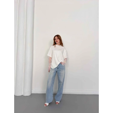 Kol Dantel Detaylı Oversize Tişört Beyaz