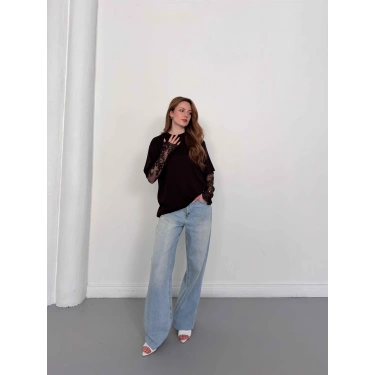 Kol Dantel Detaylı Oversize Tişört Kahve