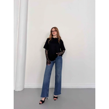 Kol Dantel Detaylı Oversize Tişört Siyah