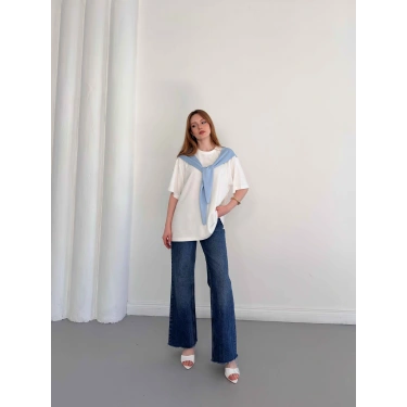 Omuzdan Bağlama Detaylı Oversize Tişört Mavi