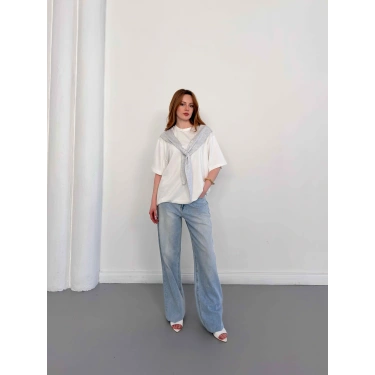 Omuzdan Bağlama Detaylı Oversize Tişört Gri