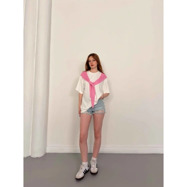 Omuzdan Bağlama Detaylı Oversize Tişört Pembe