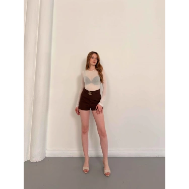 Kemer Detaylı Şort Kahve