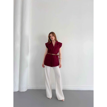 Kemer Detaylı Kruvaze Yaka Yelek Bordo
