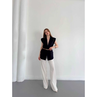 Kemer Detaylı Kruvaze Yaka Yelek Lacievert