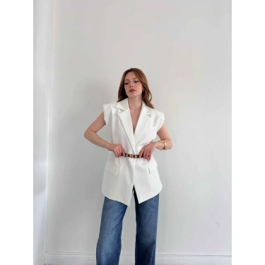 Kemer Detaylı Kruvaze Yaka Yelek Beyaz