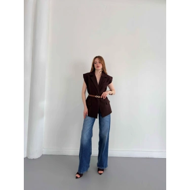 Kemer Detaylı Kruvaze Yaka Yelek Kahve