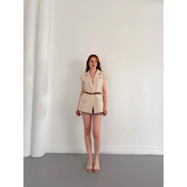 Kemer Detaylı Kruvaze Yaka Yelek Bej