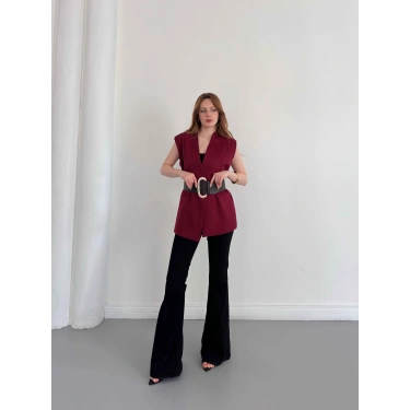 Kalın Kemer Detaylı Yelek Bordo