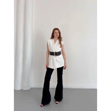 Kalın Kemer Detaylı Yelek Beyaz
