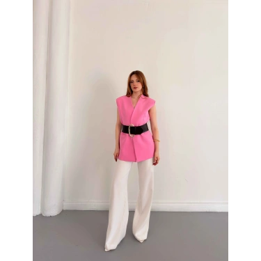 Kalın Kemer Detaylı Yelek Pembe