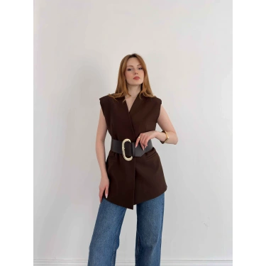 Kalın Kemer Detaylı Yelek Kahve