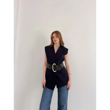 Kalın Kemer Detaylı Yelek Lacivert