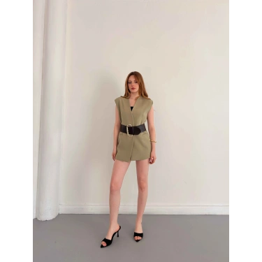 Kalın Kemer Detaylı Yelek Haki