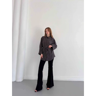 Ekose Bel Kuşaklı İspanyol Kol Gömlek Antrasit