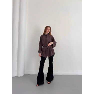 Ekose Bel Kuşaklı İspanyol Kol Gömlek Kahve