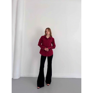 Poplin Kol Detaylı Gömlek Bordo