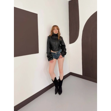 Korse Detaylı Premium Tasarım Deri Ceket Siyah